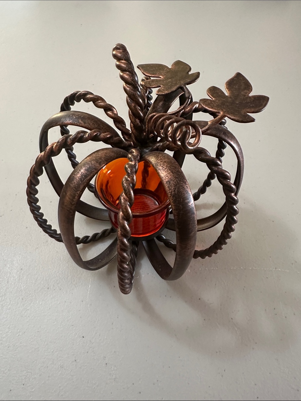 Pier 1 Bronze-Tone Twisted Metal Pumpkin Candle Holder with Amber Glass
